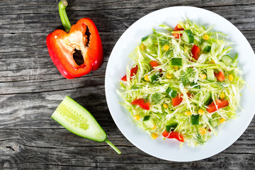 spring cabbage salad with bell pepper, corn and dill, close-up