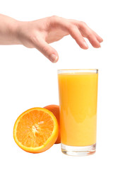 Human hand gesturing with fresh orange and full glass of orange juice taken on white background