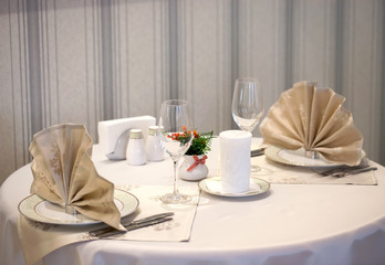 Table set for wedding or another catered event dinner.