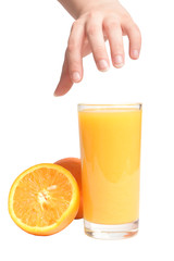 Human hand gesturing with fresh orange and full glass of orange juice taken on white background