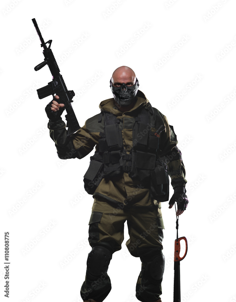 Wall mural soldier man hold Machine gun on a white background