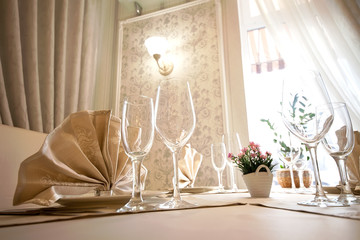 Table set for wedding or another catered event dinner.