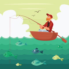 Fisherman sitting in the boat, vector illustration multyashnaya comical, red bearded man seated fisherman with a fishing rod in the boat on the river, hunting for fish, fishing on the water