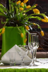 Yellow tulips./Decoration of yellow tulips for a holiday.