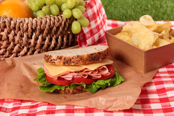 Summer picnic basket ham and cheese sandwich