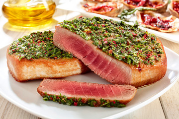 Seared Tuna Steaks Topped with Fresh Pesto