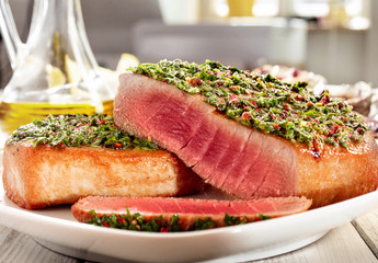 Seared Tuna Steaks Topped with Fresh Pesto
