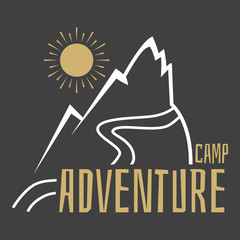 Adventure Camp. Vector emblem camp. The inscription on the background of mountains.