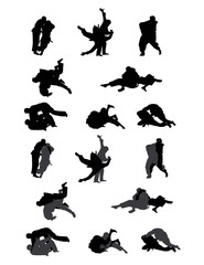 Jiu-jitsu and judo wrestlers vector silhouettes 