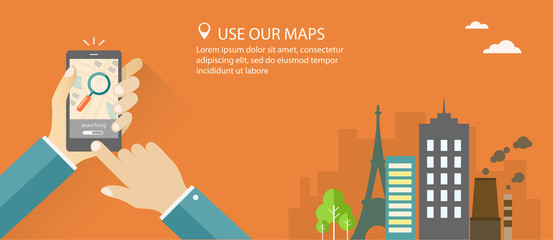 Flat banner. Map application ads. Hands with phone and city back