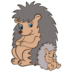 Cartoon wild animals for kids. Mother hedgehog looks at her little cute sleeping baby hedgehog and smiles.