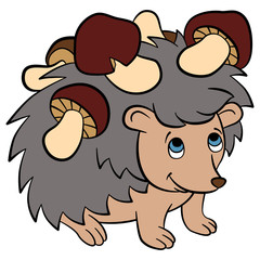 Cartoon wild animals for kids. Little cute hedgehog has mushrooms in his needles. He smiles.