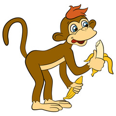 Cartoon wils animals for kids. Little cute monkey holds banana in the hand and eat it. He smiles.