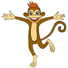 Cartoon wils animals for kids. Little cute monkey runs and waves his hands. He smiles.