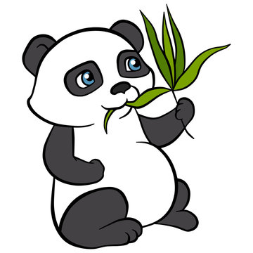 Cartoon wils animals for kids. Little cute panda eat leaves and smiles. He is happy.