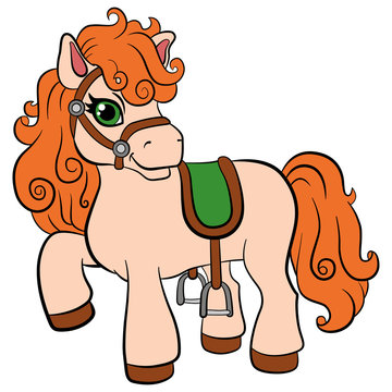 recommend clip art: Cartoon farm animals for kids. Little cute pony with beautiful orange mane stands and smiles. She is happy.