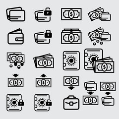 Money icon, cash and credit card, case and safe