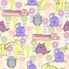 Fototapeta premium Vector hand drawn seamless pattern with cats