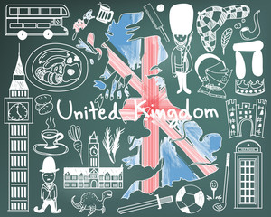 Travel to United kingdom England and Scotland doodle drawing icon with culture, costume, landmark and cuisine tourism concept in blackboard background. Vector 