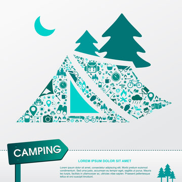 Camping and outdoor nature leisure activity s infographic background template layout in tent icon shape used for advertisement, create by vector 
