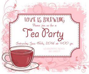 vector hand drawn tea party invitation card, vintage frame, glass and leaves - 110823302
