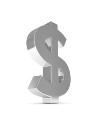 Isolated silver dollar sign on white background. American currency. Chrome silver economy symbol.  3D rendering.