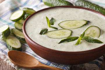 dietary cucumber soup with mint close-up in a bowl. horizontal
