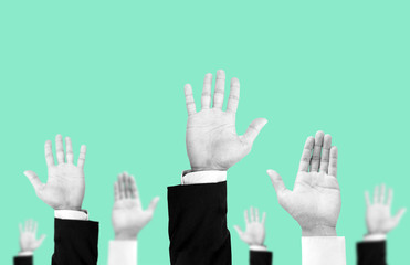 Obraz premium Hands colorless raising upward on pastel vintage tone background , abstract concept and ideas
