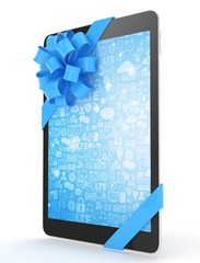 Black tablet with blue bow and blue screen. 3D rendering.