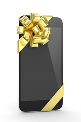 Black phone with golden bow. 3D rendering.