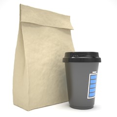 Coffee to go and lunch bag, on white. 3d rendering.
