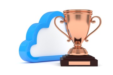 Isoalted bronze cup with cloud on white background. Blue contour cloud. Concept of cloud storage competition. Leader cloud drive. Best storage contest. 3D rendering.