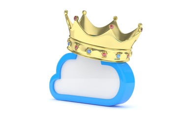 Cloud with golden crown on white background. Model of best network, database, cloud storage. Royal technology. 3D rendering.