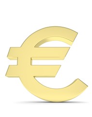 Isolated golden euro sign on white background. European currency. Concept of investment, european market, savings. Power, luxury and wealth. 3D rendering.