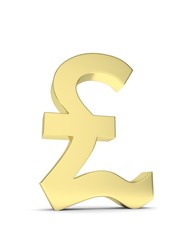 Isolated golden pound sign on white background. British currency. Concept of investment, european market, savings. Power, luxury and wealth. Great Britain, Nothern Ireland. 3D rendering.