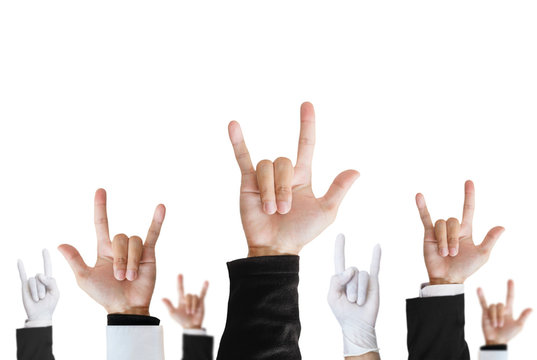 Heavy metal hand sign of difference career raising upward, isolated on white background