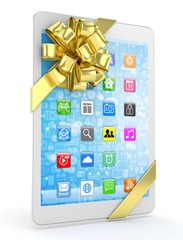 White tablet with golden bow and icons. 3D rendering.