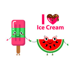 Set of Vector illustration of cartoon funny ice creams and watermelon with happy smiling faces for kids designs and decorations, isolated on white