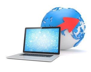 Laptop network and earth globe. 3d render