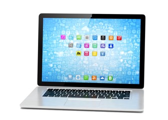 3d rendering of a laptop with blue wallpaper with app icon