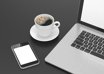 Laptop smartphone and coffee cup on black. 3d rendering.