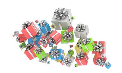 flying gift boxes on white. 3d rendering.