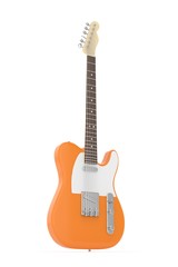 Isolated orange electric guitar on white background.  Musical instrument for rock, blues, metal songs. 3D rendering.