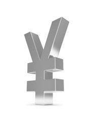Fototapeta premium Isolated silver yen yuan sign on white background. Chinese japanese currency. Concept of investment, asian market, savings. Power, luxury and wealth. 3D rendering.