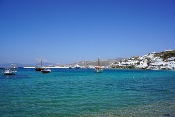 Fototapeta na wymiar Blue lagoon on Mykonos island, Cyclades, Greece