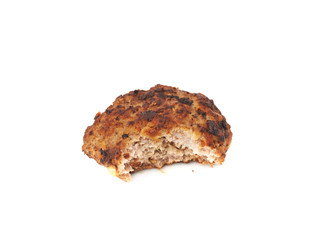 Bitten single small hand made cutlet isolated over white background