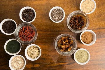 bowls of various superfoods