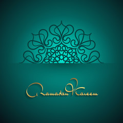 Ramadan Kareem beautiful greeting text logo on a blue green background hand drawn calligraphy lettering with vintage pattern grille. Vector illustration eps 10