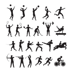 Sports Athletes, Men Symbol Silhouette Set, Athletic, Games, Action, Exercise