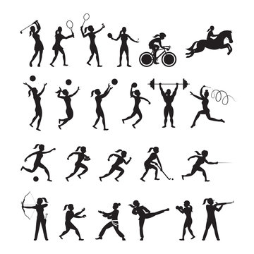 Sports Athletes, Women Symbol Silhouette Set, Athletic, Games, Action, Exercise